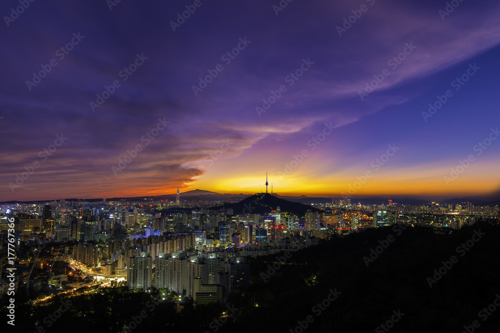Beautiful Seoul city skyline and sunrise.