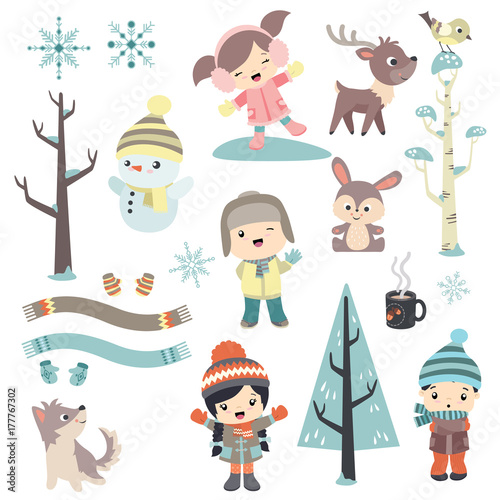 Cute children outdoors with animals and snowman in winter design set