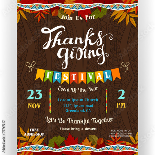 Thanksgiving festival poster template with text customized for invitation and autumn leaves.