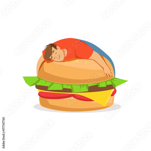 Fat obese man sleeping on a giant burger, bad habit vector Illustration