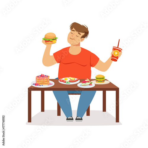 Fat obese man eating fast food, bad habit vector Illustration