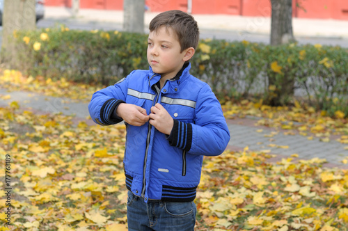Boy puts on a blue jacket walking in the autumn park
