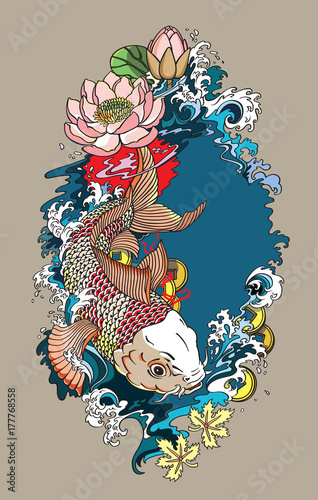 japanese koi gold carp fish . Lotus flower with water splash and feng shui money coins . Illustration tattoo style drawing
