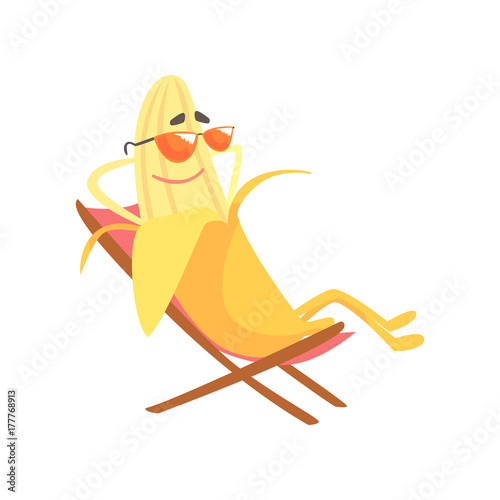 Happy banana sitting in a chaise longue and enjoying its rest, cartoon funny fruit character vector Illustration