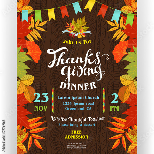 Thanksgiving dinner poster template with colorful borders from autumn season leaves.