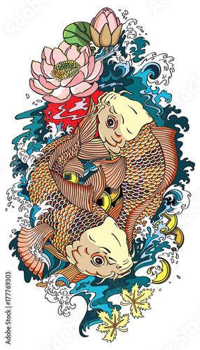 two koi gold carp fishes . Lotus flower with water splash and feng shui money coins . Illustration tattoo style drawing