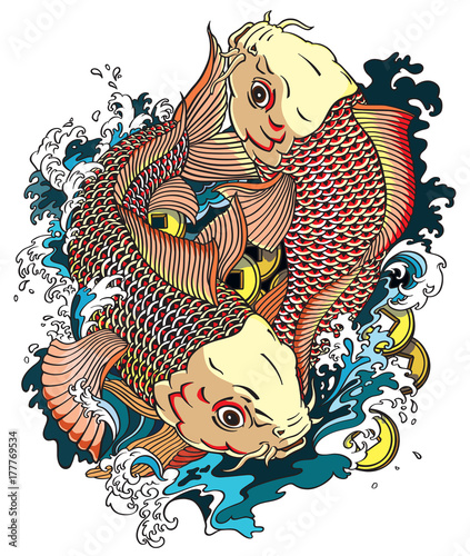Two japanese carp koi gold fishes in the water pool with money coins. Japanese style tattoo drawing vector illustration