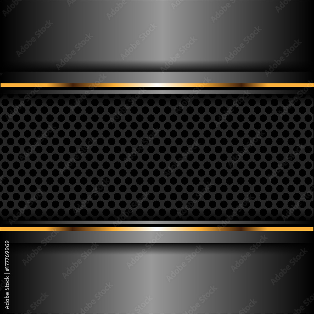 Abstract dark gray circle mesh in metal gold line design futuristic luxury background vector illustration.