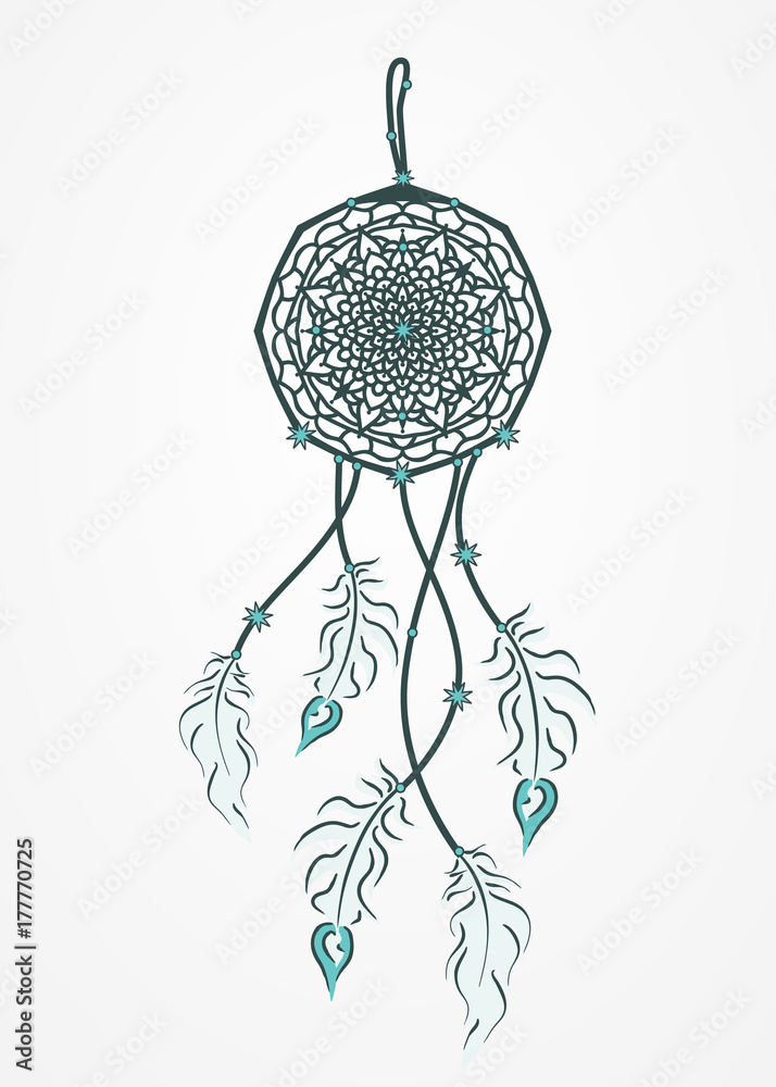 Fototapeta abstract image of a dream catcher. mandala with feathers and beads. vector.