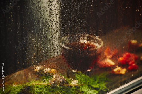 Tea and autumn still life behind the rain drops window