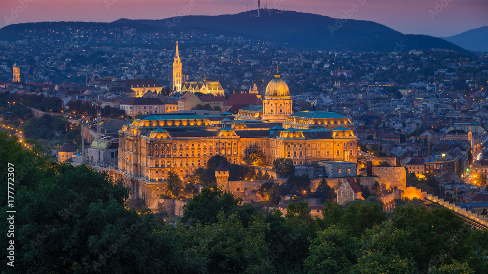Budapest, Hungary - The beautiful Buda Castle Royal Palace and Matthias Church at magic hour with colorful sky