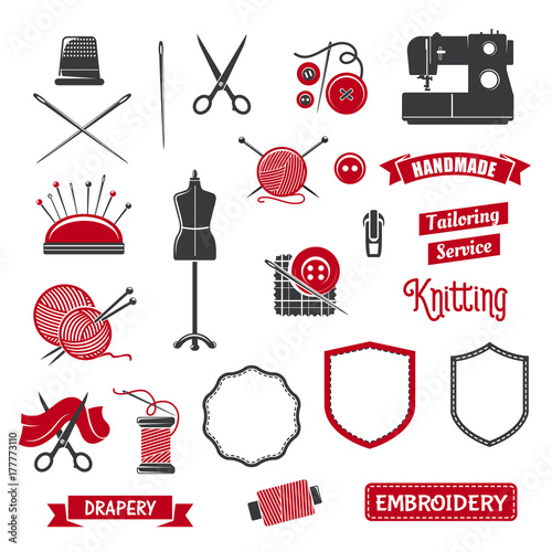 Vector icons of dressmaker sewing knitting salon