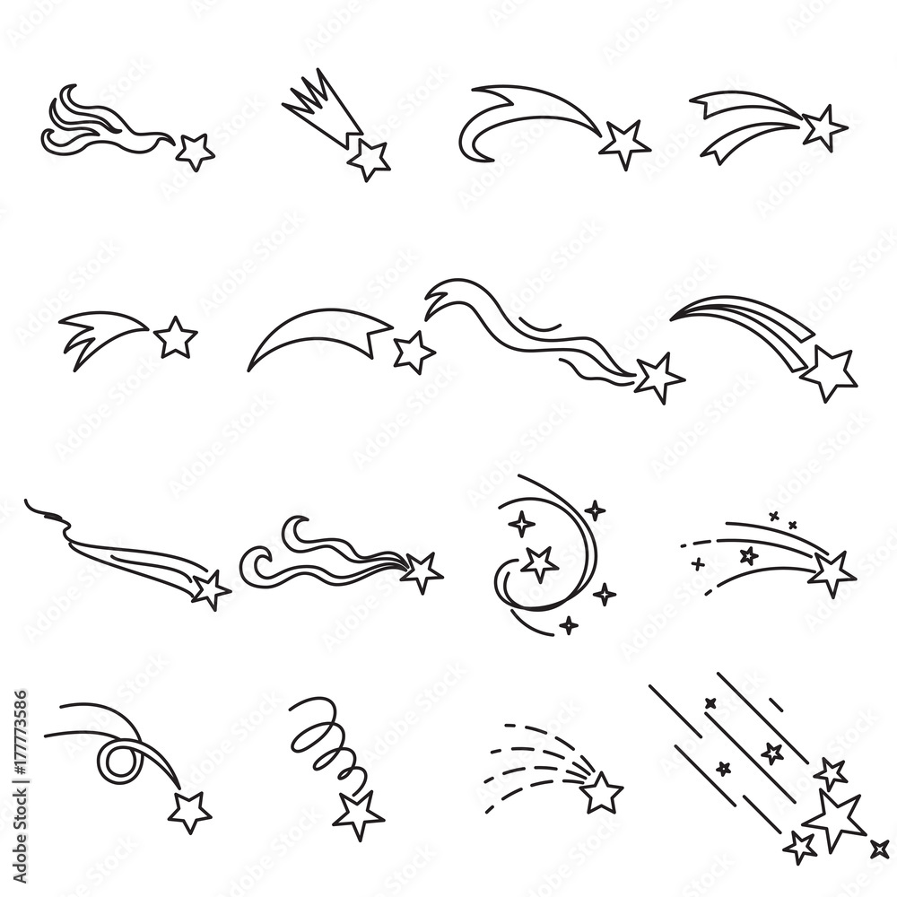 Falling stars icons. Collection of 16 linear symbols of falling stars isolated on a white background. Vector illustration. Editable stroke Falling stars icons. Collection of 16 linear symbols of falling stars isolated on a white background. Vector illustration. Editable stroke