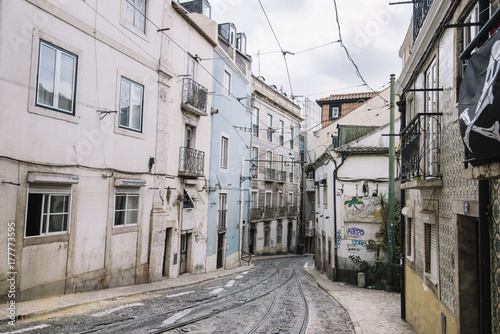 Streets of Lisbon, houses covered with Portuguese tile © anastasianess