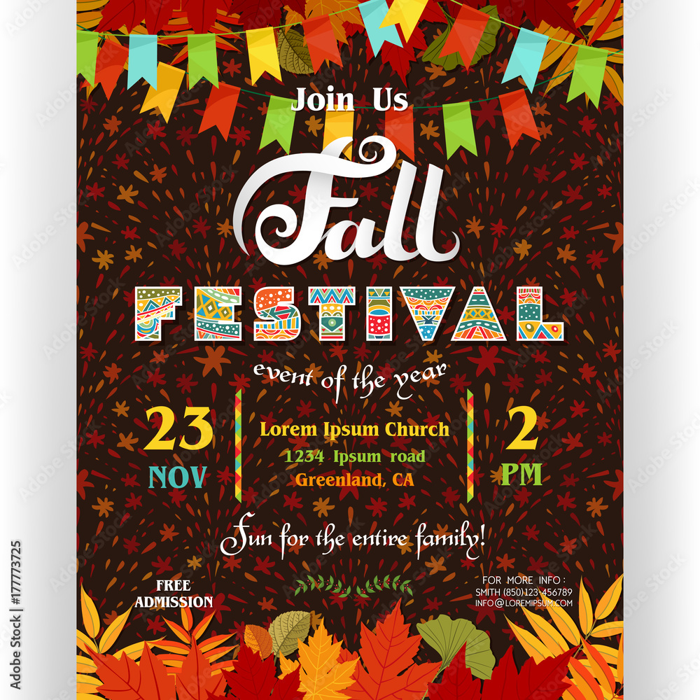Fall festival poster template with ornate letters, autumn leaves and flags garlands and fireworks background.
