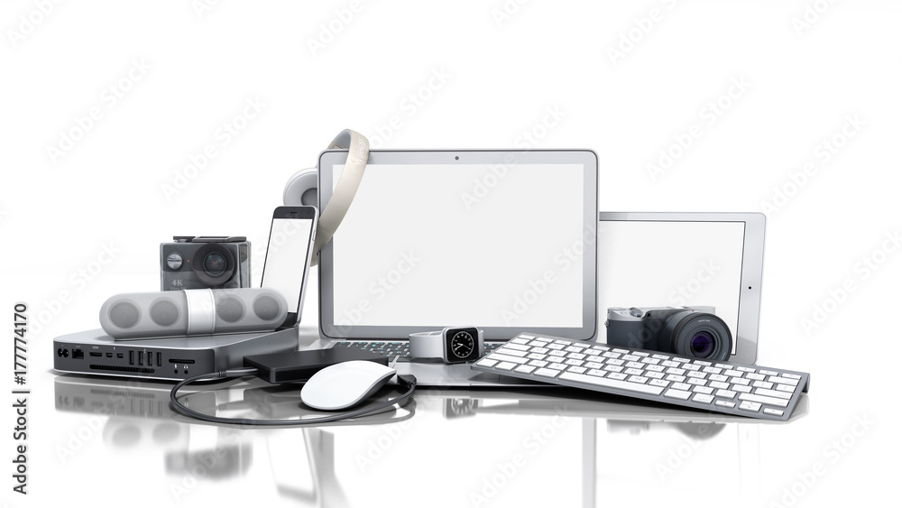 collection of consumer electronics 3D render on white background - obrazy, fototapety, plakaty 