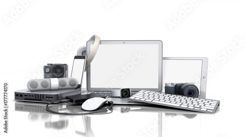 collection of consumer electronics 3D render on white background