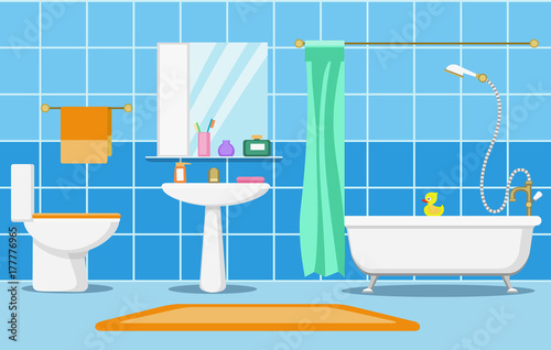 Clean beautiful bathroom interior with shower, bathand and bathroom furniture vector illustration