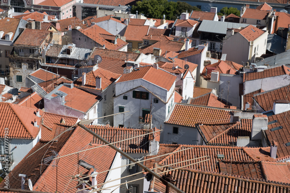 Top view of the famous Portuguese red rooftop. Aerial view of Lisbon, Portugal.