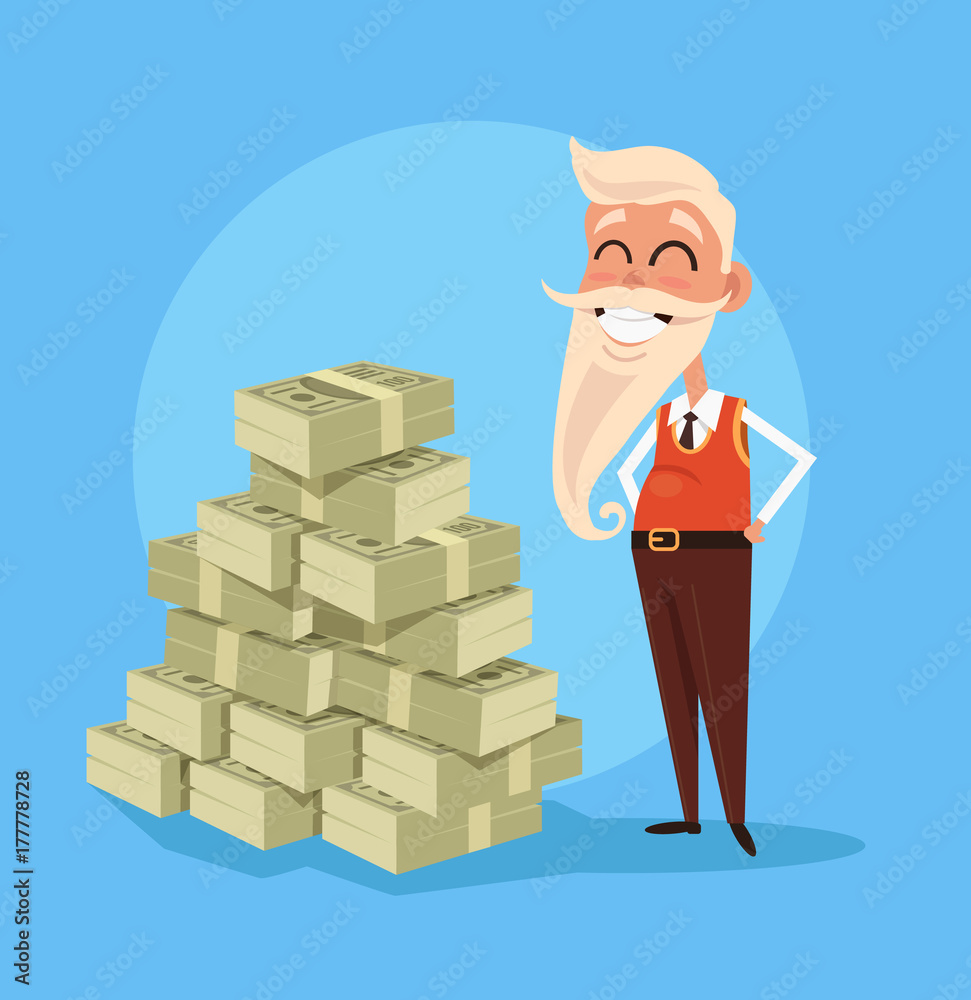 Happy smiling rich grandfather old businessman character retired. Vector  flat cartoon illustration Stock Vector | Adobe Stock