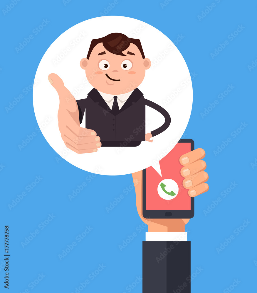 Happy smiling friendly office worker manager call. Online web internet communication by smartphone concept. Vector flat cartoon illustration
