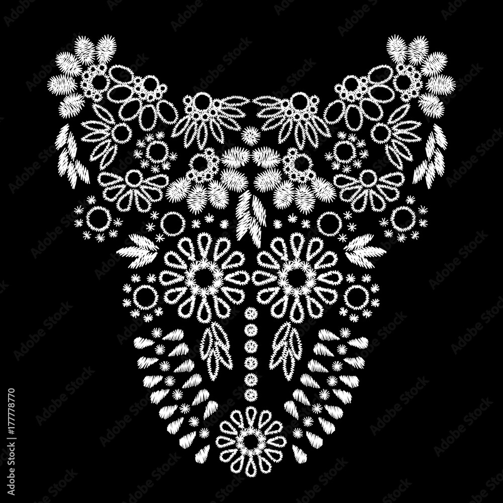 white abstract embroidery artwork design for neckline clothing, isolated vector on black background