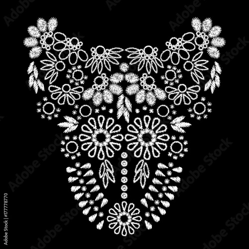 white abstract embroidery artwork design for neckline clothing, isolated vector on black background