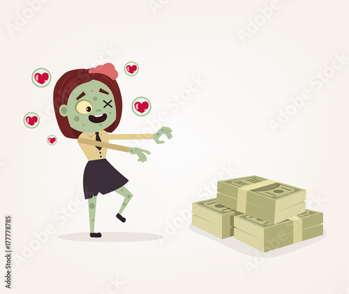 Zombie office worker business woman character follow after money. Hard work and greed concept. Vector flat cartoon illustration