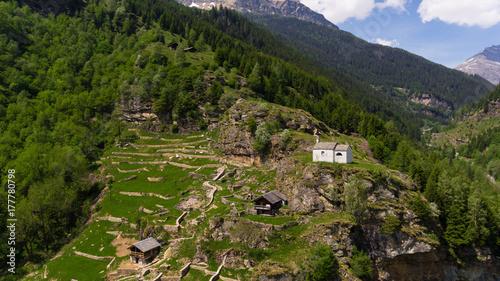 Aerial view of the little church near Rossa in Tessin