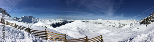 panoramic view on ski slopes in snowy mountain 