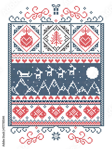 Elegant Christmas Scandinavian, Nordic style winter stitching, pattern including snowflake, heart,  reindeer, mountain, moon, Christmas tree, gift, bubble, snow, robin, snowflake, star in red, blue 
