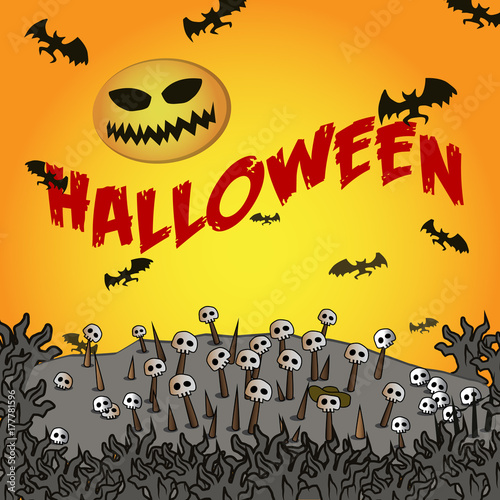 Halloween logo, sign, cemetery, skulls on sticks, bats. Symbol for posters, posters, t-shirts