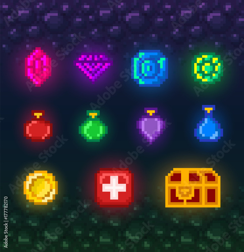 A bright set of pixel art elements for the game. 8 bit icons in a modern style.