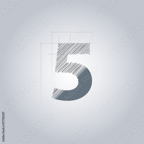 Sign Number five. Logotype architectural design. Grey color. Blueprint. With gradient.