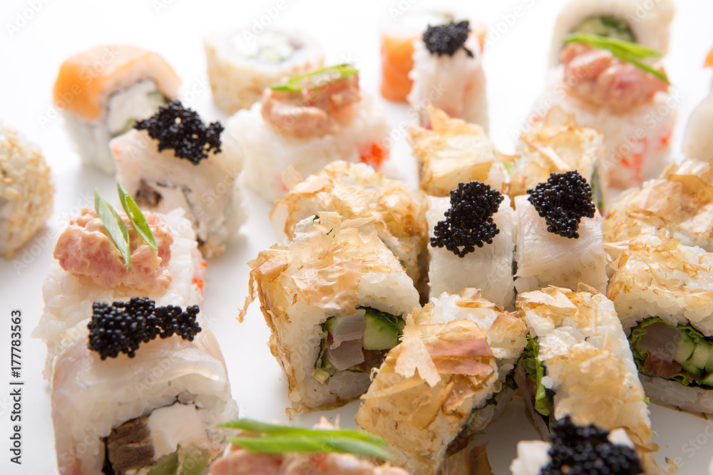 Japanese sushi rolls,maki on white background Japanese sushi rolls,maki on white background