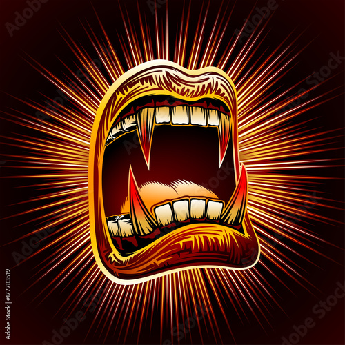 Halloween open mouth with bloody fangs on a radiant background. Disclosed jaws with sharp vampire teeth. Radial zoom of light rays in a comic book graphic style. Vector hand drawing retro illustration