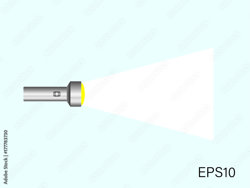 Grey flashlight with a white beam on light blue background. Vector illustration design. EPS10 Grey flashlight with a white beam on light blue background. Vector illustration design. EPS10