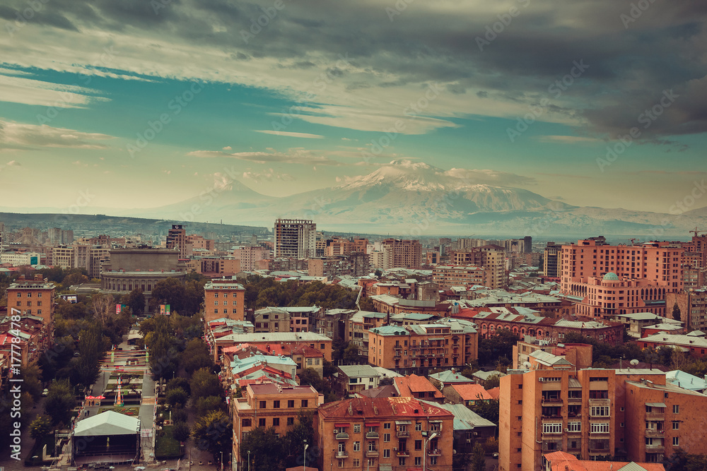 Downtown Yerevan cityscape. Travel to Armenia. Tourism industry. Mount Ararat on background