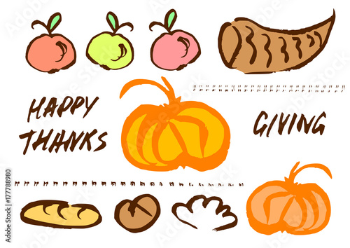 Thanksgiving doodle set of holiday elements for leaflet, flyer, pamphlet, poster, brochure, booklet design with hand drawn horn of plenty with harvest isolated on white background. Vector illustration