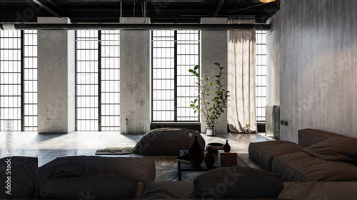 Spacious living room interior with bright windows