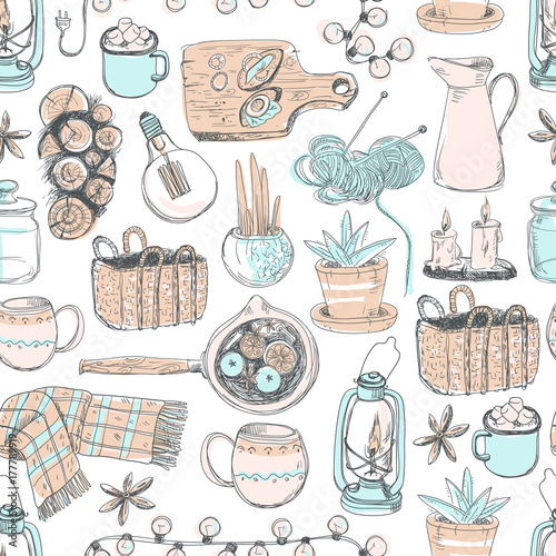 Vector seamless pattern. Cozy hygge elements, home interior deta