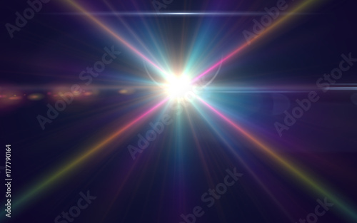 Digital lens flare in black background horizontal frame warm.Modern natural flare effect.Sunlight in space.colorful light on space