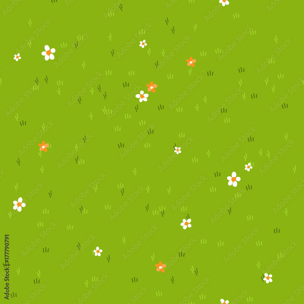 Cartoon grass with small flowers daisy and marigold. Grass field, background, texture