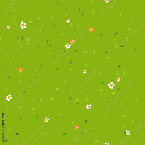Cartoon grass with small flowers daisy and marigold. Grass field, background, texture