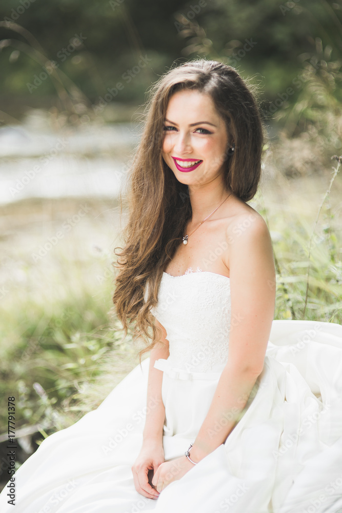 Beautiful happy bride outdoors in a forest with rocks. Wedding perfect day Beautiful happy bride outdoors in a forest with rocks. Wedding perfect day