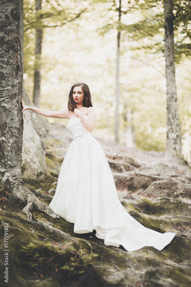 Beautiful happy bride outdoors in a forest with rocks. Wedding perfect day Beautiful happy bride outdoors in a forest with rocks. Wedding perfect day