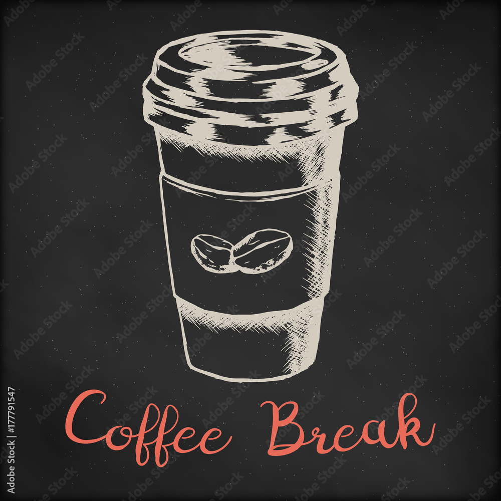 Vecteur Stock Hand drawn vector sketch illustration - coffee shop or cafe  menu, creative vintage tee shirt apparel print poster design, Take away  coffee paper cup and beans., black chalkboard grunge background.