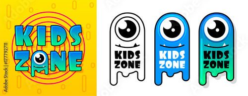 Kids Zone banner in cartoon style with a good jelly monster. for children's playroom decoration, Children Playground. Vector illustration. photo