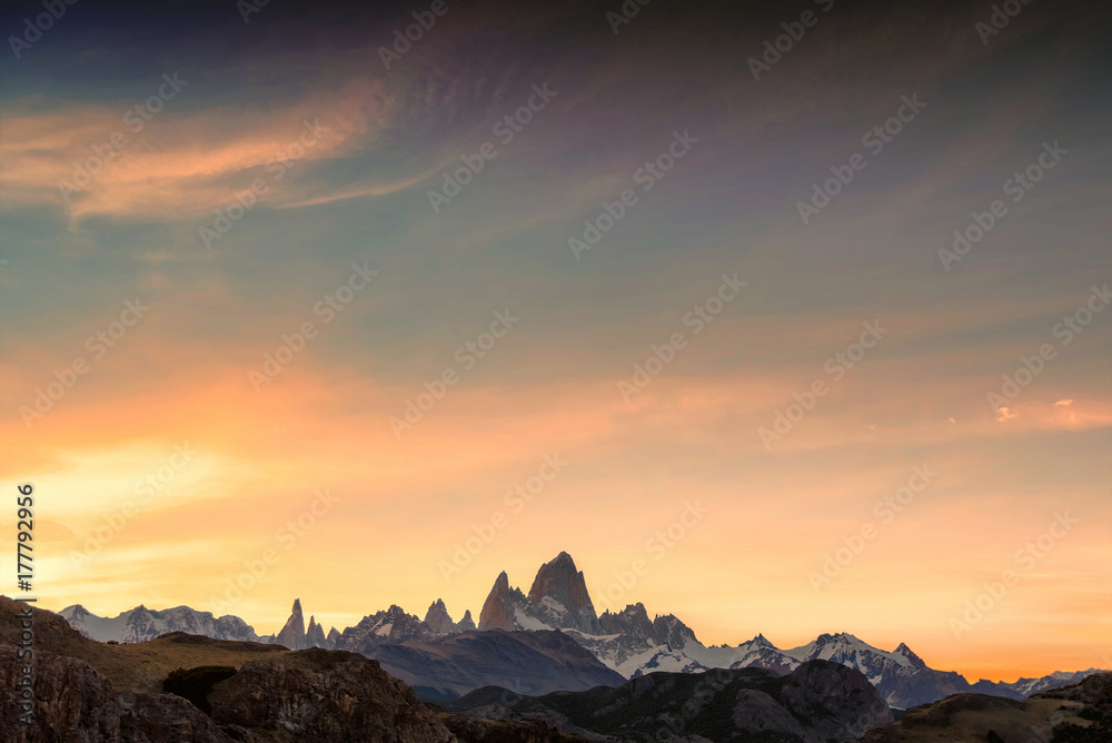 The famous Patagonia skyline, including Mt. Fitz Roy and Cerro el Torre in  El Chalten, Argentina Stock Photo | Adobe Stock