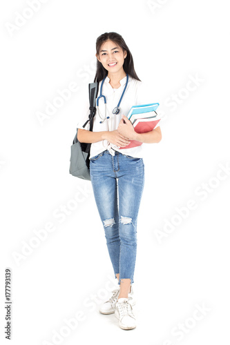 Portrait of Student Woman holding Book with Attractive Smiling isolated on white background.